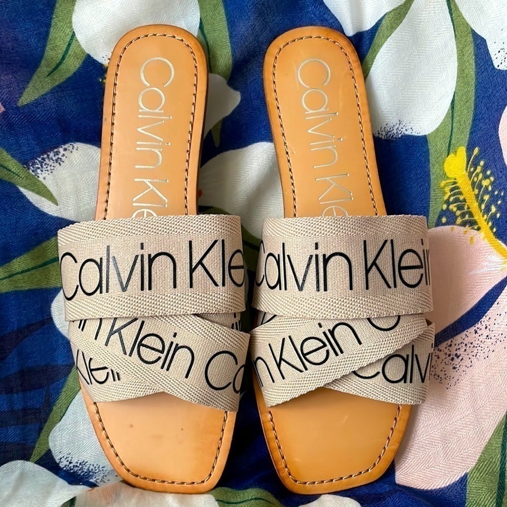 Brand New Calvin Klein Multi Cross Fabric Strap Slides Sandals